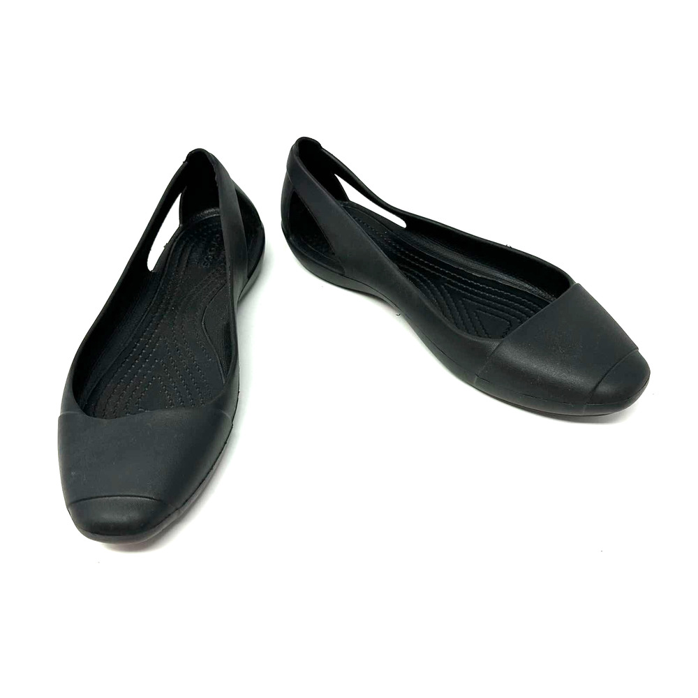 Crocs size 7 womens black slip on flats cutouts rubber washable lightweight